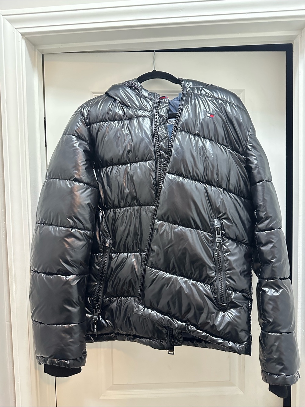 Tommy Hilfiger Glossy Black Quilted Puffer Jacket with Hood